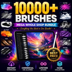 Paquete Mega de Más de 10 000 Pinceles para Procreate / Colección Definitiva de Pinceles para Toda la Tienda / Paquete de Pinceles para Dibujo, Pintura, Textura y Estampado