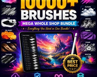 Megabundel met meer dan 10.000 Procreate-penselen | Ultieme complete penseelcollectie | Pakket met penselen voor tekenen, schilderen, texturen en stempels