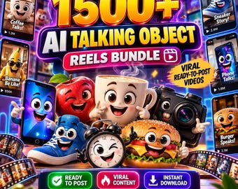 Bundel met meer dan 1500 AI-video's met pratende objecten, virale video's die je direct kunt plaatsen, grappige AI-video's, korte filmpjes voor TikTok, Instagram en YouTube (digitale download).