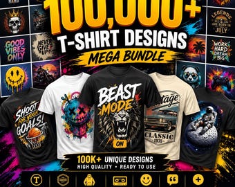 Bundel met meer dan 100.000 T-shirtontwerpen, megacollectie van SVG-, PNG-, EPS- en AI-bestanden, vintage, retro, typografie, streetwear, print-on-demand (POD) ontwerpen, commercieel gebruik.