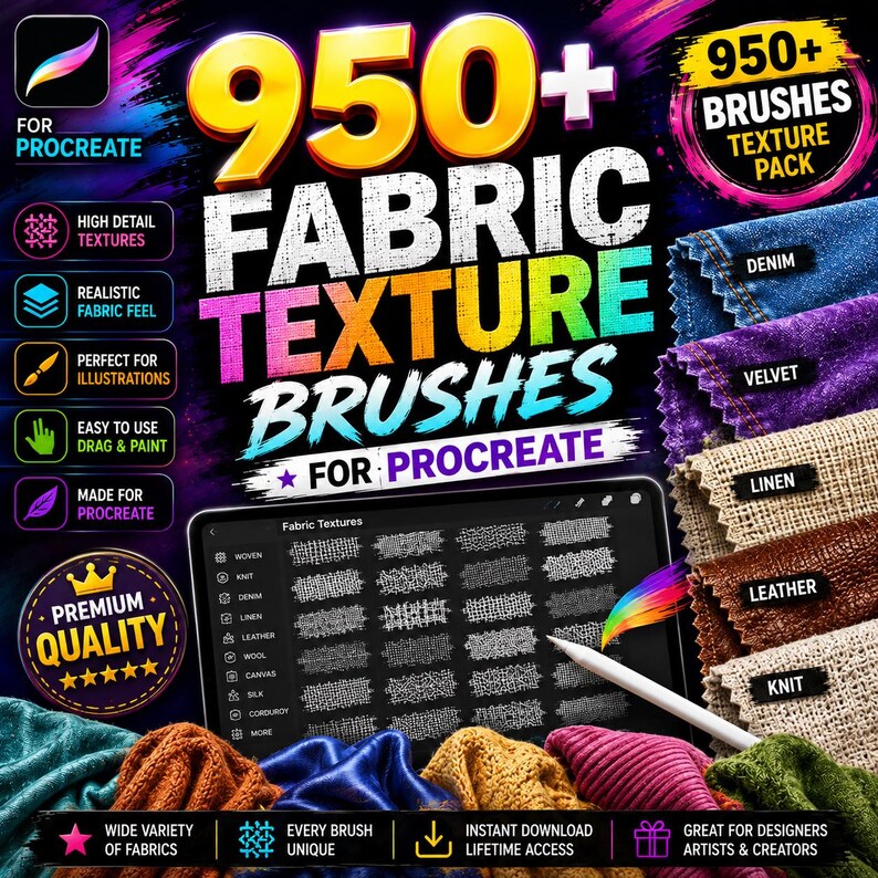 May include: A digital asset pack for Procreate featuring 950+ fabric texture brushes. The display shows text including 950+ FABRIC TEXTURE BRUSHES FOR PROCREATE, with visual samples of denim, velvet, linen, leather, and knit fabrics alongside a tablet interface.