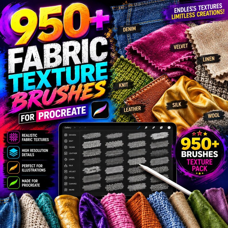 May include: A digital brush set for Procreate featuring 950+ fabric texture brushes. The image displays various fabric swatches including denim, velvet, linen, knit, leather, silk, and wool, alongside a tablet screen showing brush stroke previews.