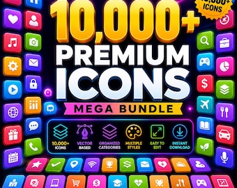 Bundel met meer dan 10.000 premium iconen, mega iconenpakket, PNG- en SVG-iconen, geschikt voor sociale media, zakelijk gebruik, UI/UX, technologie en gaming.