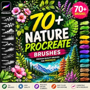 Può includere: Un annuncio grafico digitale per un set di oltre 70 pennelli Procreate a tema naturale. L'immagine presenta illustrazioni vivaci di fiori rosa, fogliame verde, un paesaggio montano e un lago, con il testo 70+ NATURE PROCREATE BRUSHES.