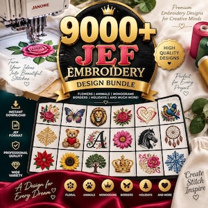 Puede incluir: Un anuncio digital para un paquete de 9000+ diseños de bordado JEF que presenta una cuadrícula de varios motivos bordados, incluyendo flores, animales, monogramas y temas festivos. El gráfico incluye textos, una máquina de coser Janome y carretes de hilo.
