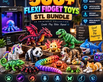Bundel met meer dan 500 flexibele fidget-speeltjes in STL-formaat | 3D-printbare beweegbare speeltjes | Draken, dinosaurussen en andere dieren in STL-formaat | Direct te downloaden collectie