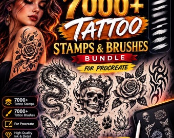 Bundel met meer dan 7000 tattoo-stempels en -penselen voor Procreate, inclusief tattoo-ontwerppenselen, inktstempels, tribale, bloemen-, schedel- en draken-tattoo-kunstpakketten.