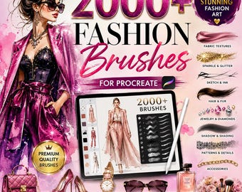 Bundel met meer dan 2000 modepenselen voor Procreate, penselen voor modeontwerp, kleding schetspenselen, stoftexturen, naai- en illustratiepenselen.