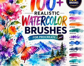 Meer dan 100 realistische aquarelpenselen voor Procreate, aquarelstempels, digitale schilderpenselen, illustratie- en letterpenselenset.