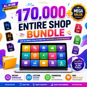 Op de afbeelding: Een advertentie voor een digitaal productpakket met een laptop die een raster van kleurrijke iconen voor afbeeldingen, sjablonen en lettertypes toont. De tekst bevat 170,000+ ENTIRE SHOP BUNDLE en THE ULTIMATE COLLECTION FOR CREATORS & ENTREPRENEURS.