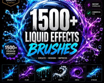 Meer dan 1500 vloeibare effectpenselen voor Photoshop, Procreate en Illustrator | Premium water-, spat-, druppel- en glanspenselenpakket | 4K-kwaliteit