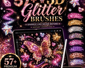 57 3D-glitterpenselen voor Procreate: sprankelende glittereffecten, digitale kunstpenselenbundel, creatieve tekentools, direct te downloaden.