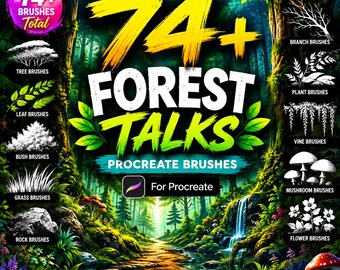 Meer dan 74 bospenselen voor Procreate, stempelpenselen met bos- en natuurthema, bomen, bladeren, klimplanten, paddenstoelen, bundel voor digitale kunstillustraties.