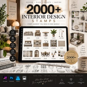 May include: A digital tablet displaying a collection of 2000+ interior design stamps, including furniture, plants, and floor plans. A stylus rests on a printed sheet of stamp icons below the tablet, next to a mug labeled Good Design Happier People.