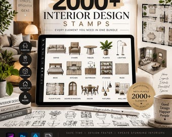 Bundel met meer dan 2000 stempels voor interieurontwerp | Meubels, plattegronden, architectuur, decoratieve elementen | Procreate Photoshop PNG-bestanden voor ontwerpers