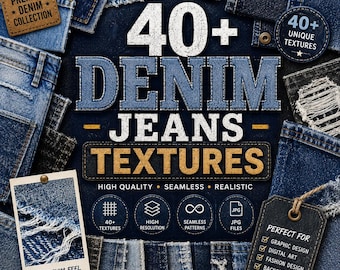 Bundel met meer dan 40 denim jeans texturen, realistische denim stof texturen, naadloze blauwe jeans patronen, digitale achtergronden in hoge resolutie