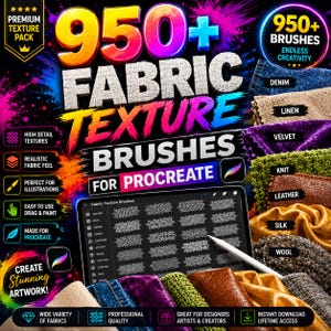 May include: A digital asset pack featuring 950+ fabric texture brushes for Procreate. The graphic displays text including 950+ FABRIC TEXTURE BRUSHES FOR PROCREATE, with visual samples of denim, linen, velvet, knit, leather, silk, and wool textures.
