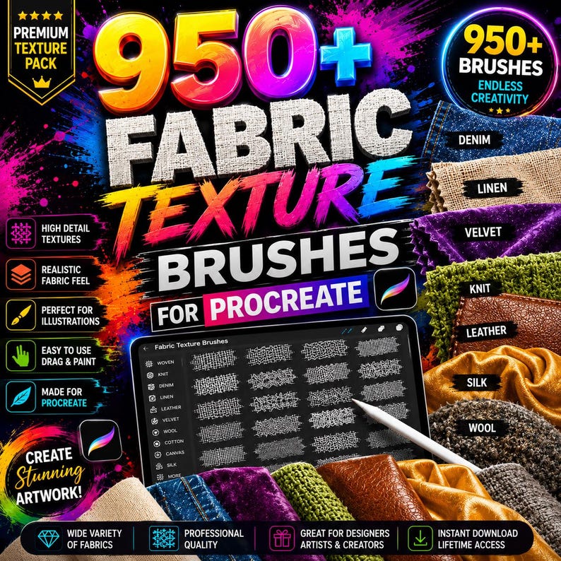May include: A digital asset pack featuring 950+ fabric texture brushes for Procreate. The graphic displays text including 950+ FABRIC TEXTURE BRUSHES FOR PROCREATE, with visual samples of denim, linen, velvet, knit, leather, silk, and wool textures.