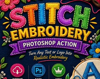 Stitch Embroidery Photoshop Action, Realistic Embroidery Text Effect, 3D Thread Stitch Logo Design, Embroidered Font, Digital Download
