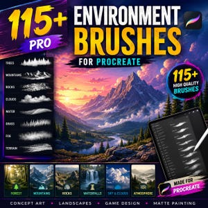 May include: A digital product advertisement for 115+ Pro Environment Brushes for Procreate. The image features a vibrant mountain landscape with a sunset, a list of brush categories, and a tablet displaying the brush menu with a stylus.