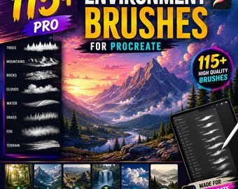Meer dan 115 professionele omgevingspenselen voor Procreate, digitale schilderpenselenset, conceptuele kunst, landschapsillustratie, matte schildertoolkit