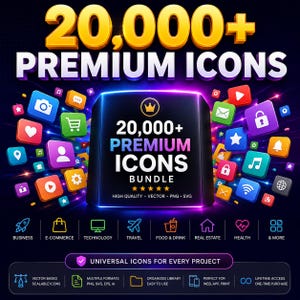 May include: A digital graphic advertisement for a 20,000+ Premium Icons bundle. The image features a central black box with glowing edges, surrounded by colorful floating app-style icons, with text labels for categories like business, e-commerce, and technology.