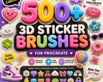 Meer dan 500 3D-stickerpenselen voor Procreate, schattige glanzende, pluizige stickers, kawaii digitale penseelset, realistische 3D-effecten, Procreate-penselen