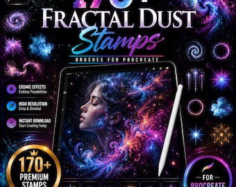 170 fractale stofstempels voor Procreate: kosmische deeltjes, melkwegstelsels, fantasie-neveleffecten, digitale kunststempelbundel, direct te downloaden.
