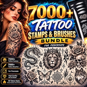May include: A digital bundle of 7000+ tattoo stamps and brushes for Procreate, featuring a tablet with a stylus and various black and white tattoo designs including a lion, dragon, skull, rose, butterfly, and wolf on a textured background.