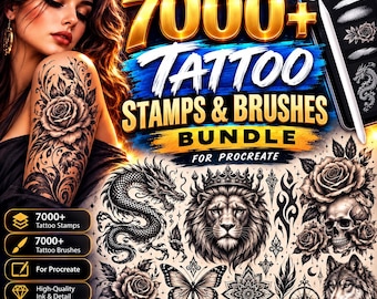 Más de 7000 sellos y pinceles para tatuajes de Procreate, paquete de pinceles para tatuajes, sellos de diseño de tatuajes, pinceles para Procreate, kit para artistas de tatuajes digitales