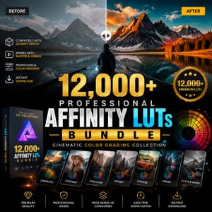 Peut inclure: Un ensemble de produits numériques intitulé 12,000+ Professional Affinity LUTs Bundle, présentant une comparaison avant-après d'un paysage de montagne, une roue chromatique et sept vignettes d'images étiquetées Cinematic, Portrait, Film Look, Moody, Vintage, Urban et Black & White.