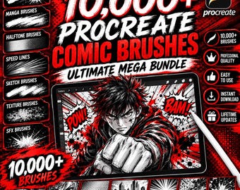 Meer dan 10.000 Procreate strippenselen, manga-penselen megabundel, inkt-, raster-, SFX-, schets- en textuurpenselen, digitaal stripkunstpakket