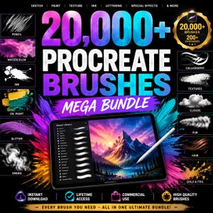 Könnte beinhalten: Ein digitales Produktpaket mit über 20.000 Procreate-Pinseln in mehr als 200 Kategorien. Die Grafik zeigt ein Tablet mit einer Berglandschaft, einen Eingabestift und verschiedene Pinselstrichbeispiele wie Bleistift, Aquarell, Tinte, Ölfarbe und Glitzer.