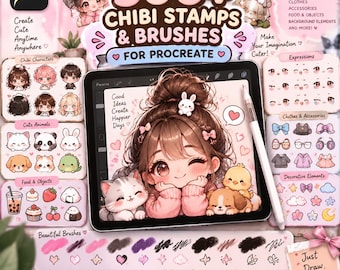 Meer dan 500 chibi-stempels en -penselen voor Procreate | Leuke kawaii-personages, dieren, expressies, stickers, digitale kunstpenselenbundel