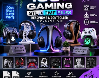 100+ Gaming STL Files Bundle | Headphone Stand & Controller Holder 3D Print Models | STL + 3MF Files | Gaming Accessories Collection