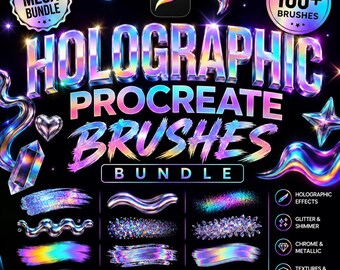 Bundel met holografische Procreate-penselen, meer dan 100 regenboogkleurige chroomglitter-metallic neon-penselen, digitale stempelset voor kunst, tekengereedschap voor iPad