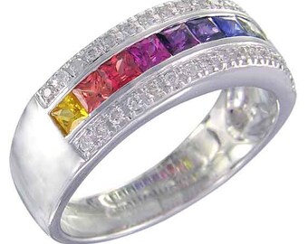 Multicolor Rainbow Sapphire & Diamond Channel Set Ring 14K | Etsy