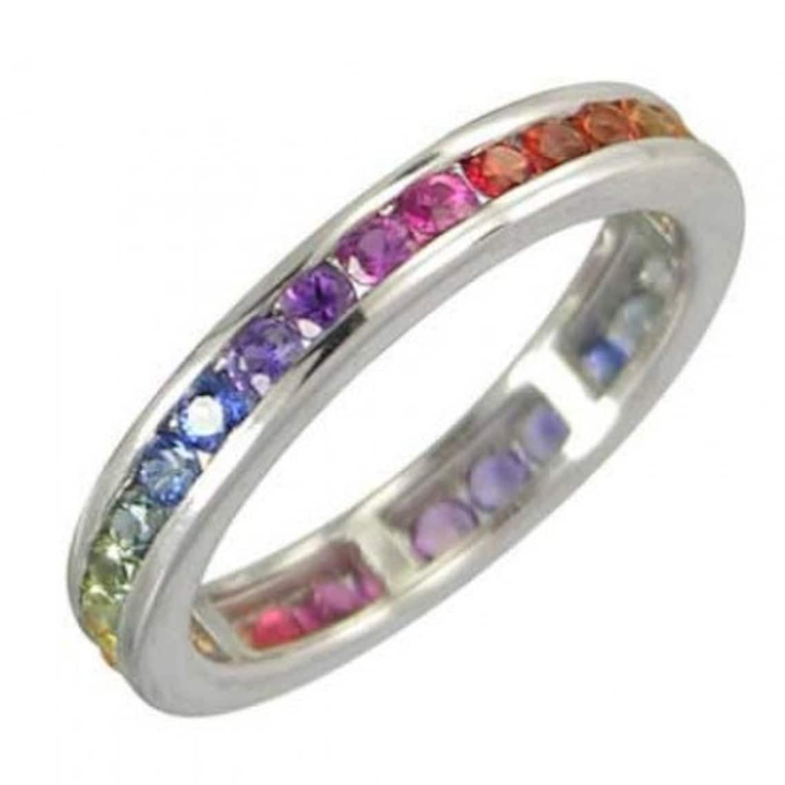 Multicolor Rainbow Sapphire Eternity Ring 925 Sterling Silver | Etsy