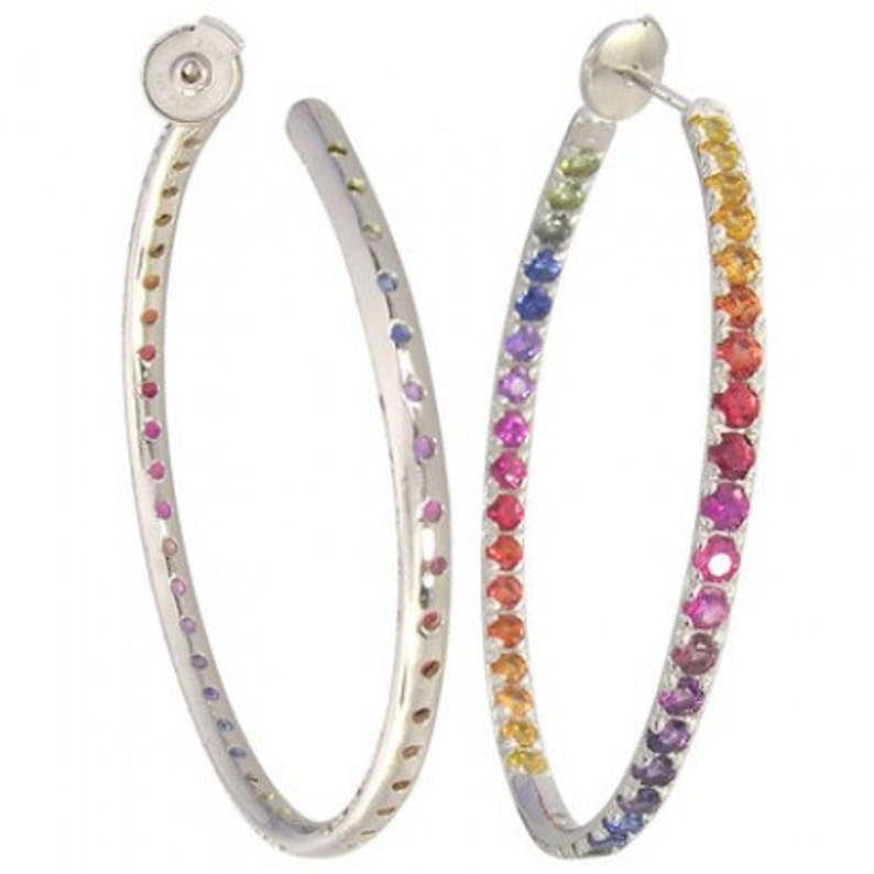 Multicolor Rainbow Sapphire Earrings Hoop Huggie 925 Sterling Etsy