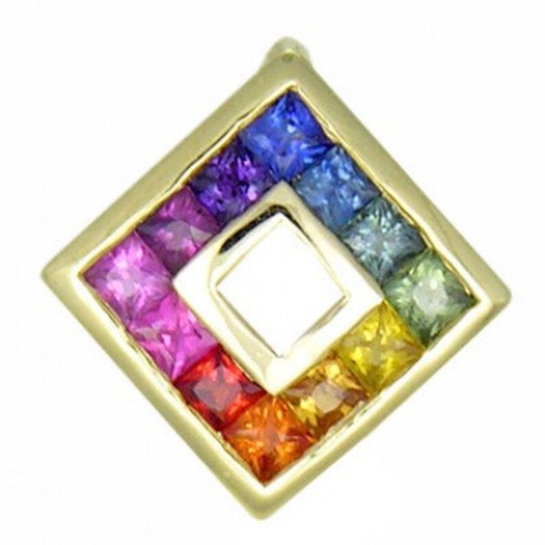 436-14K-Yg Multicolor Rainbow Sapphire Small Square Pendant 14K Yellow Gold SKU 34ct tw