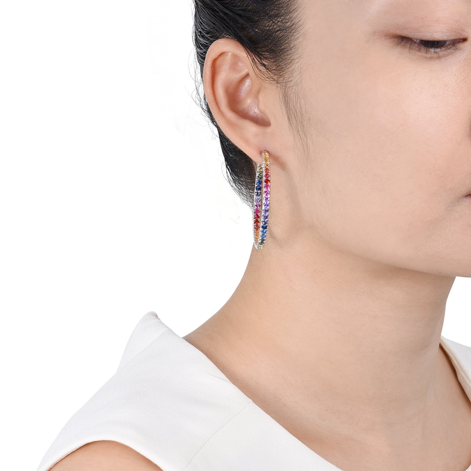 Multicolor Rainbow Sapphire Earrings Hoop Huggie 925 Sterling Etsy