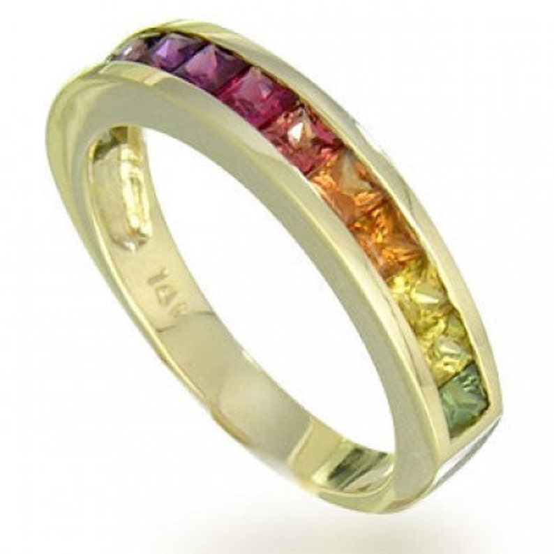Multicolor Rainbow Sapphire Half Eternity Band Ring 14K Yellow | Etsy