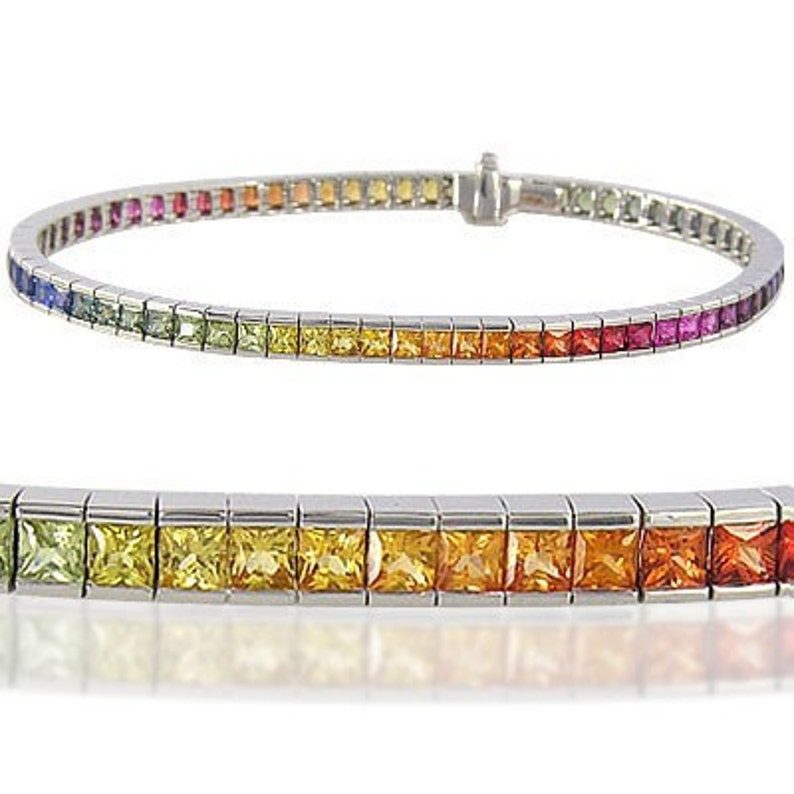 Multicolor Rainbow Sapphire Tennis Bracelet 14K White Gold Etsy