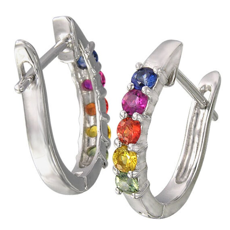 Multicolor Rainbow Sapphire Huggie Earrings Prong Set 925 Etsy
