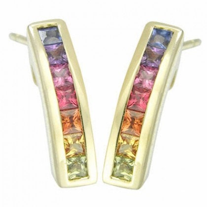 Trendy Rainbow Stud Huggie hoops Natural sapphire earrings | Etsy