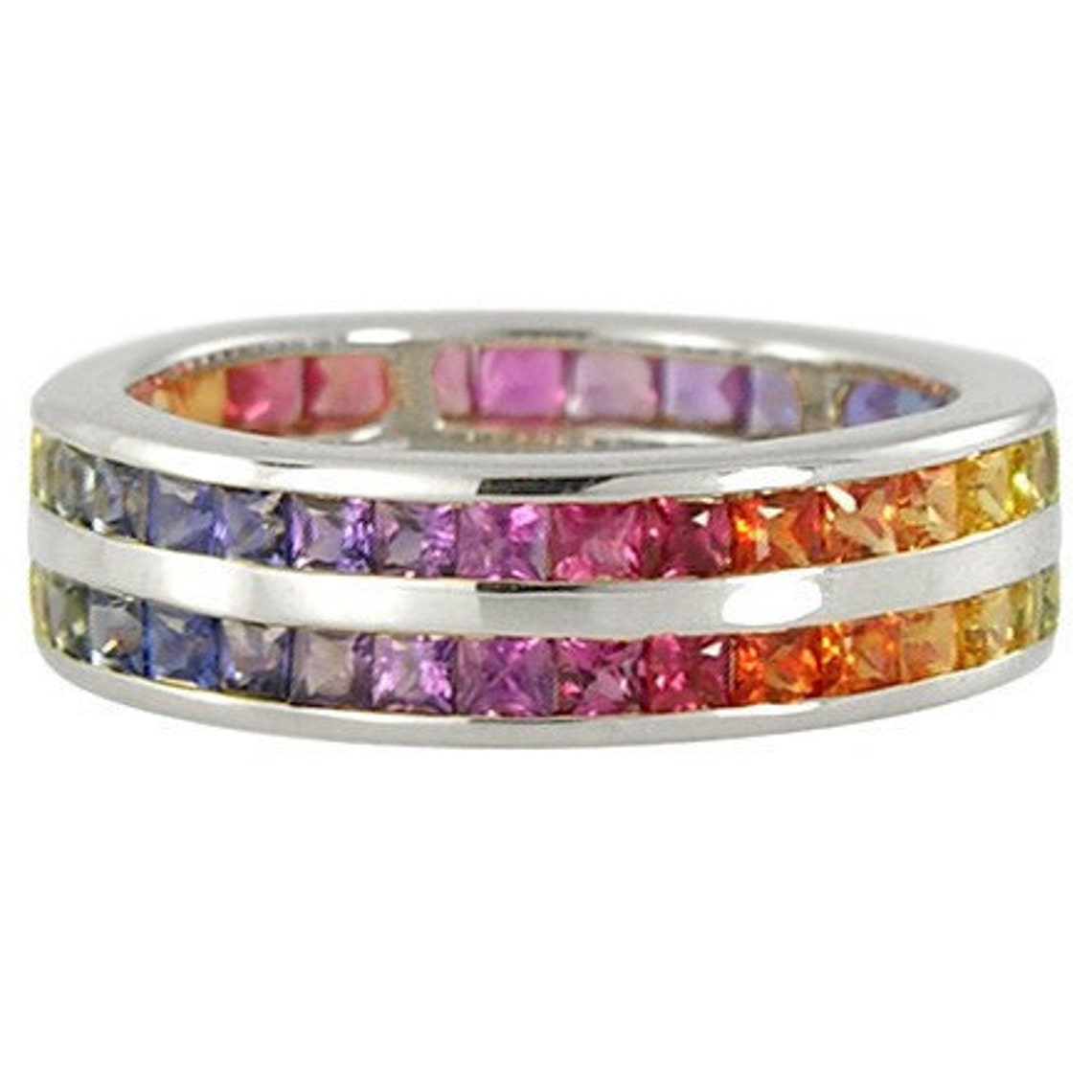 Multicolor Rainbow Sapphire Double Row Eternity Ring 14K White | Etsy