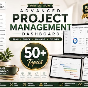 Può includere: Un dashboard avanzato di gestione progetti per Notion con un portatile, un tablet e uno smartphone che mostrano dati, elenchi di attività e diagrammi di Gantt. Il testo include 50+ Topics, Best Seller e Plan, Track, Manage, Deliver.