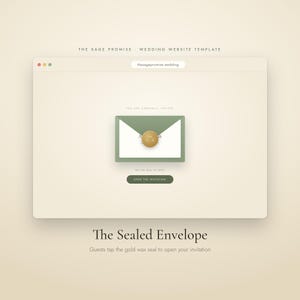 Puede incluir: Una plantilla de sitio web de bodas titulada The Sage Promise en una ventana de navegador con fondo crema. Un sobre blanco con solapa verde salvia y un sello de cera dorado con las iniciales AN está centrado. Texto: Open the Invitation.