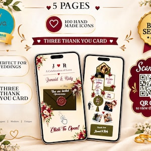 May include: Two smartphones displaying digital wedding invitation templates with floral accents, gold text, and a QR code. The screens show Junaid and Ridy's names, a wax seal envelope graphic, photo collages, and a Click To Open button on a cream background.