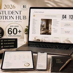 Może przedstawiać: Cyfrowy szablon pulpitu nawigacyjnego dla studenta wyświetlony na laptopie, tablecie i smartfonie. Ekran pokazuje 2026 Student Notion Hub z harmonogramem, planem nauki i notatkami. Interfejs utrzymany jest w neutralnej palecie kolorystycznej.